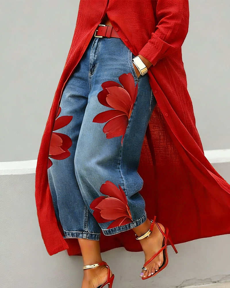 Bloemenprint Jeans Korte Wijde Pijpen