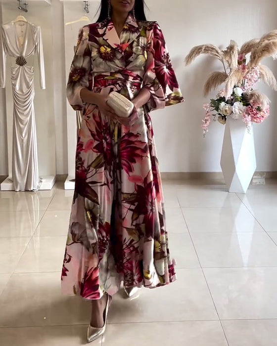 Jurk met revers, driekwartmouwen en bloemenprint