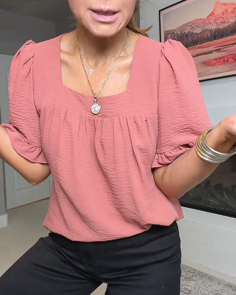 Blouse Vierkante Hals Geruwd Mouw
