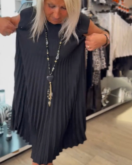 Ronde hals effen plooi casual jurk