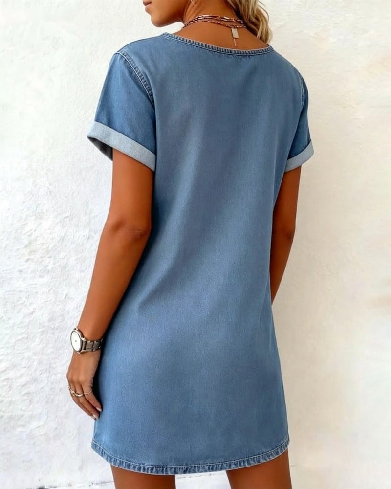 Jurk Denim V-hals Korte Mouw Shift