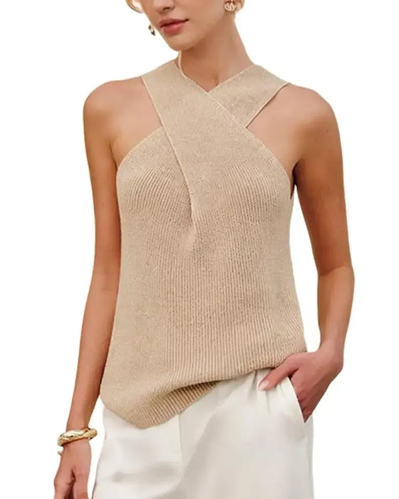 Top Dames Halter Crossover Kraag Tanktop Gebreid Mouwloos
