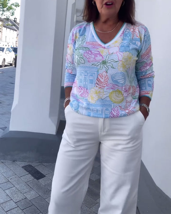 Trui V-Hals Bedrukt Mode