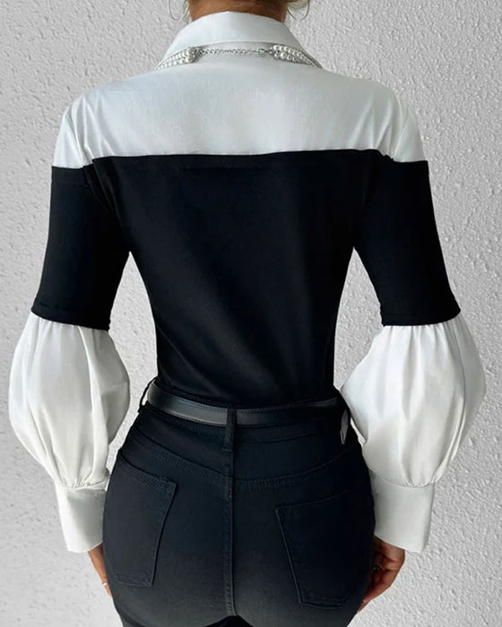 Top Kleurblok Off-Shoulder Lantaarnmouw Patchwork