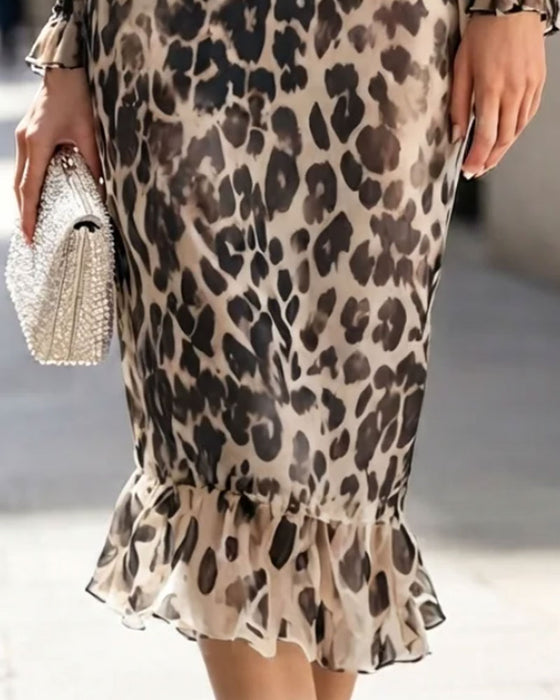 Jurk Hoge Hals Luipaard Getailleerde Taille Ruffle