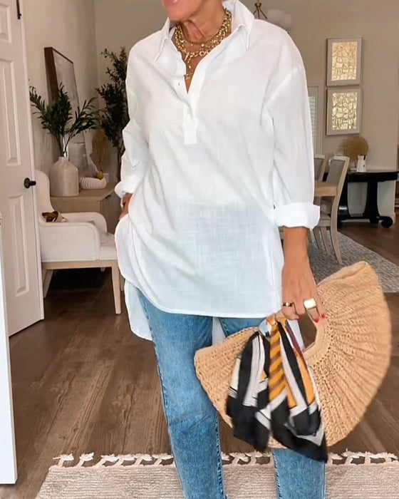 Blouse V-Hals Knoop Effen Kleur Los