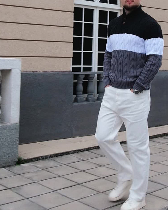 Pullover Hoge Hals Knoop Contrast Heren
