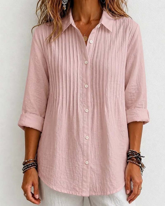 Shirt V Hals Plooien Knoppen Lange Mouwen