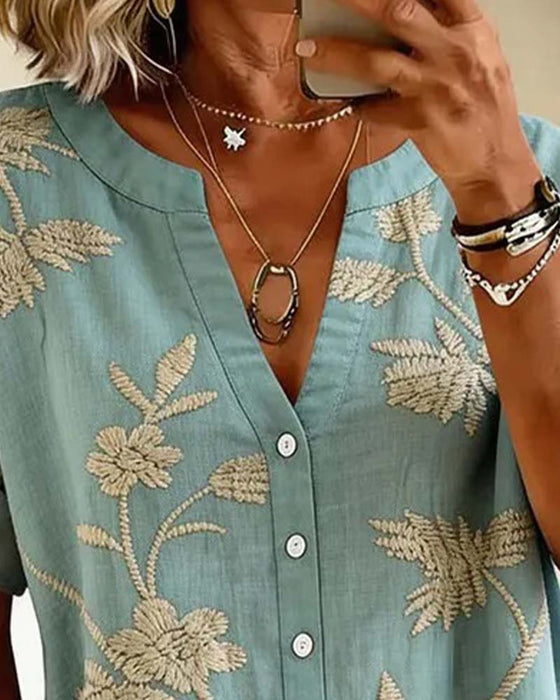 Blouse V-Hals Met Print Korte Mouwen