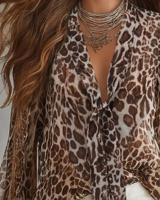 Blouse V‑hals Luipaardprint Doorzichtig Lange‑mouw
