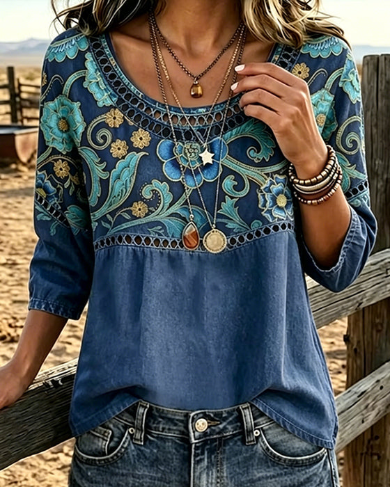 Blouse Hol Uit Print Vintage