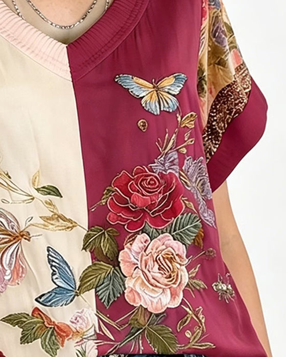 Blouse V-Hals Asymmetrisch Patchwork Bloemen