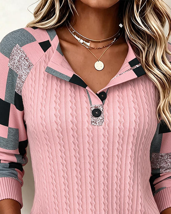 Sweatshirt Kleurblok Henley Kraag Lange Mouw Geknoopt