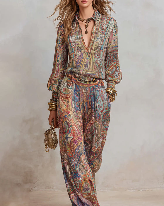 Set V-Hals Print Gedrapeerd Casual