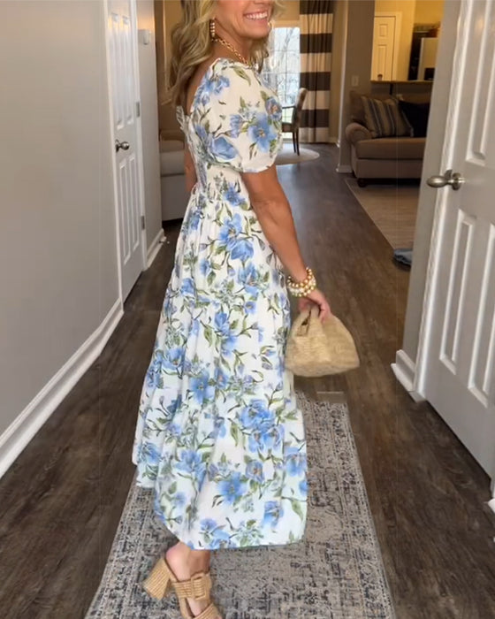 Jurk Vierkante Hals Plissé Bloemen A-Lijn