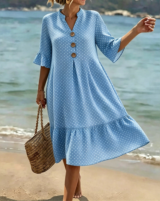 Jurk Polka Dot V-Hals Geruwde Mouw
