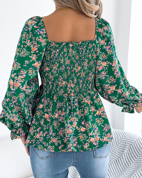 Blouse Vierkante Hals Gerimpeld Bloemig Ruffle
