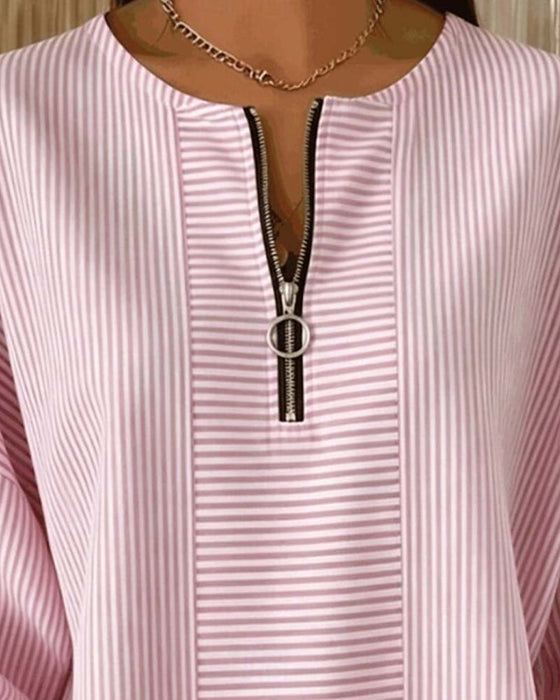 Blouse Halve-Rits Lange-Mouw Gestreept