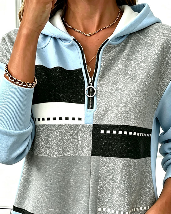 Hoodie Halve Rits Contrast Geometrische Print