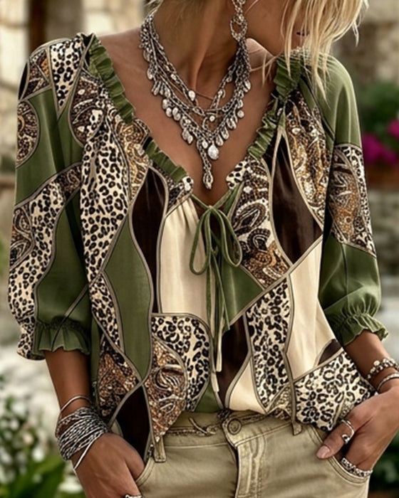 Blouse V-Hals Luipaard Pofmouw Strik