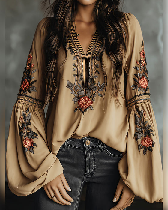 Blouse Rozenprint V-Hals Bohemien
