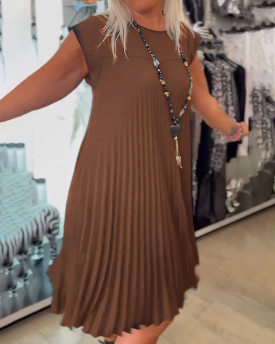 Ronde hals effen plooi casual jurk