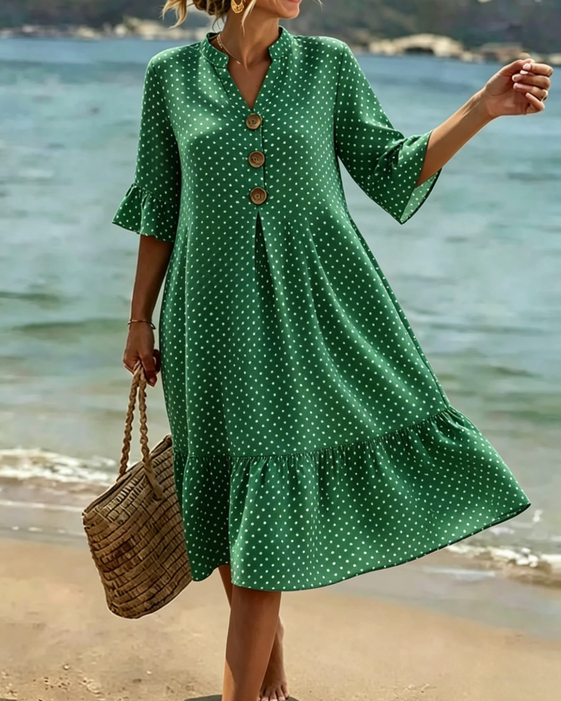 Jurk Polka Dot V-Hals Geruwde Mouw