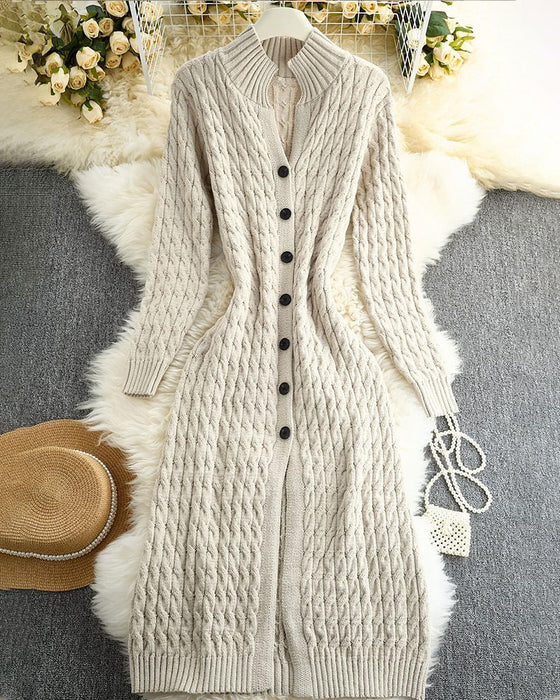 Cardigan Staande Kraag Kabel Knoop Lang