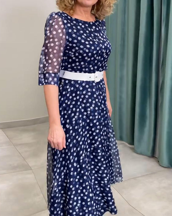 Jurk Halflange Mouw Stippen Chiffon