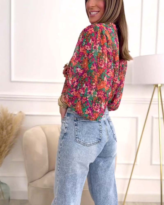 Overhemd met print en button-down met pofmouwen