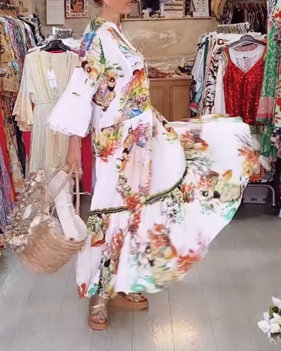 Boho geprinte patchwork jurk met knopen