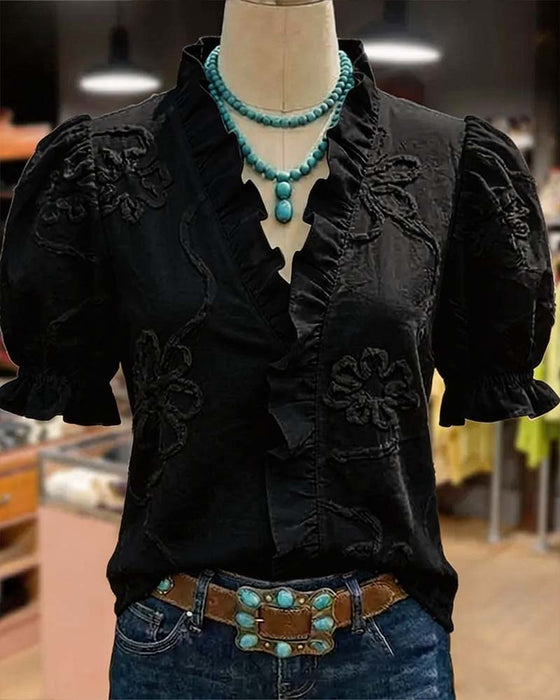 Blouse V-Hals Ruche Rand Pofmouw