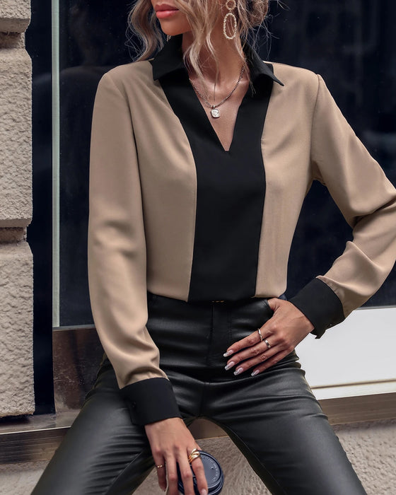 Blouse Met Kraag Ontwerp, Kleurblok Detalj En Elegante Sfeer
