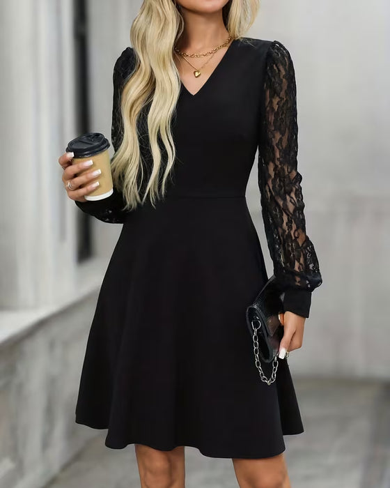 Jurk Elegant Kant Lange Mouw V-hals