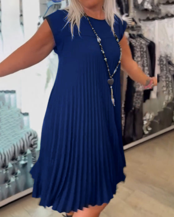 Ronde hals effen plooi casual jurk