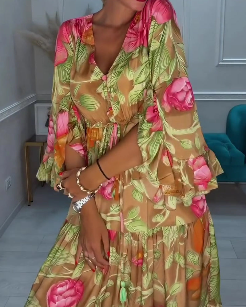 Jurk V-Hals Volle Rok Bloemen