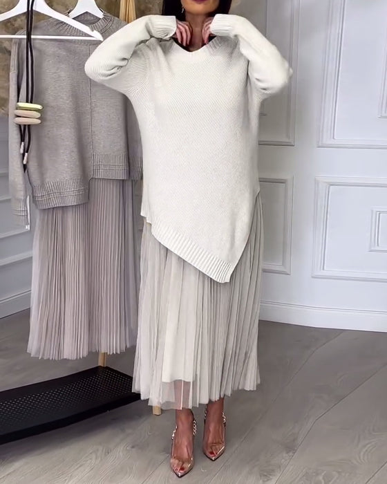 Twee-Delige Set Met Pullover En Rok In Ronde Hals En Onregelmatig Design
