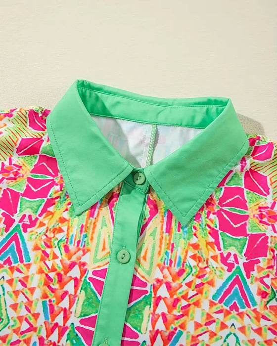 Jurk Met Revers Kleurrijke Bedrukte Blouse