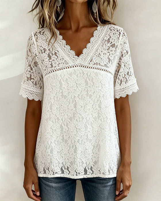 Effen Kleur Blouse Korte Mouwen Met Kant