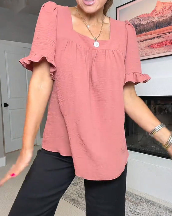 Blouse Vierkante Hals Geruwd Mouw