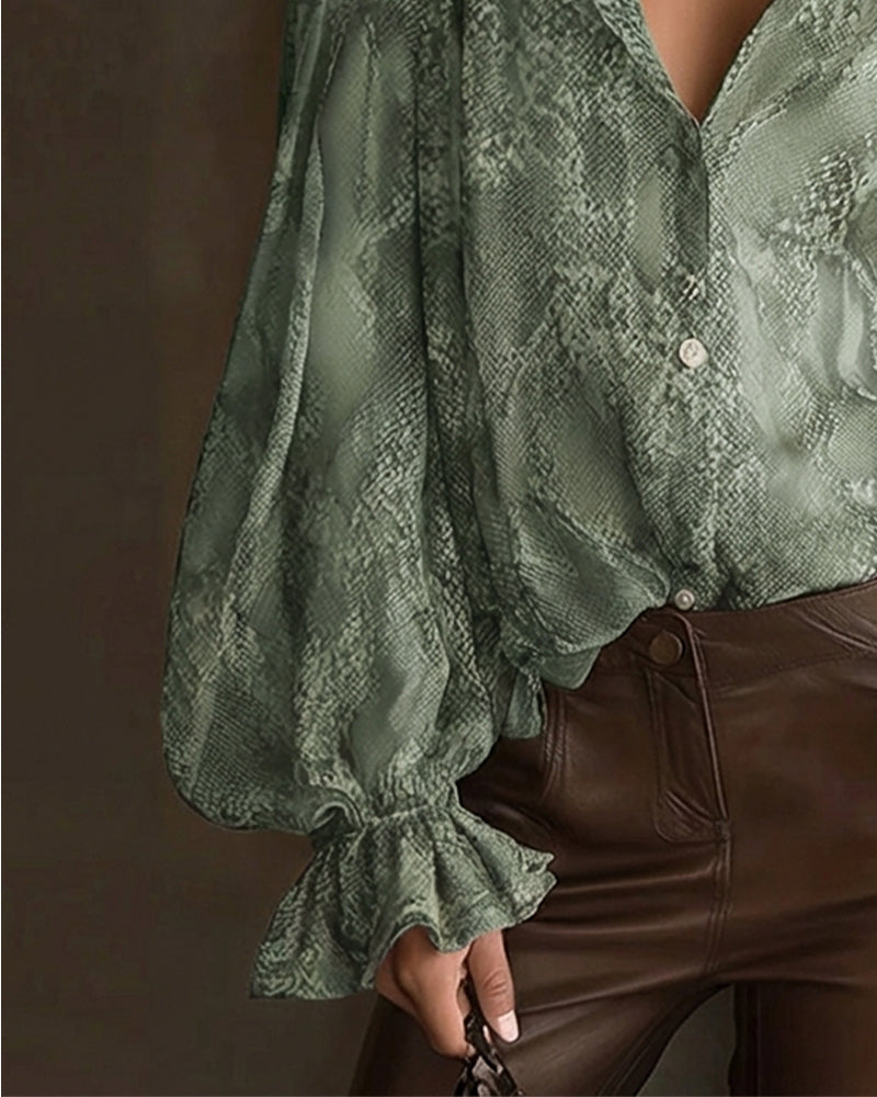 Blouse Modieus Flounce Mouw Gedrukt