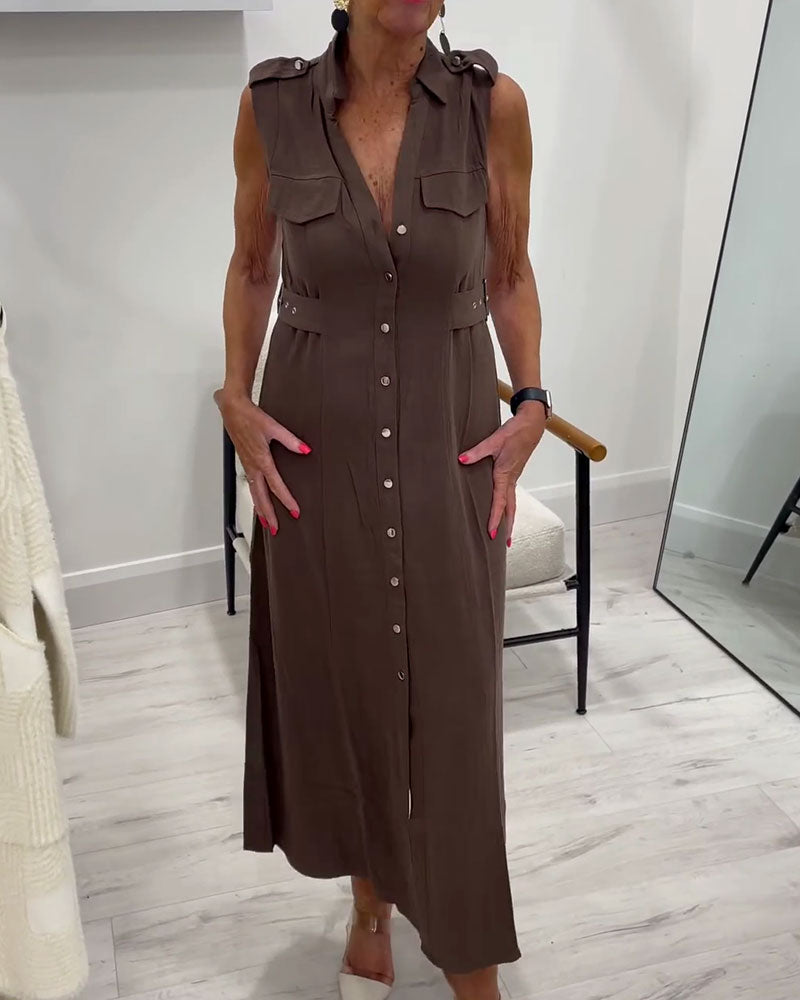 Jurk Mouwloos Met Knopen Getailleerd Overhemd