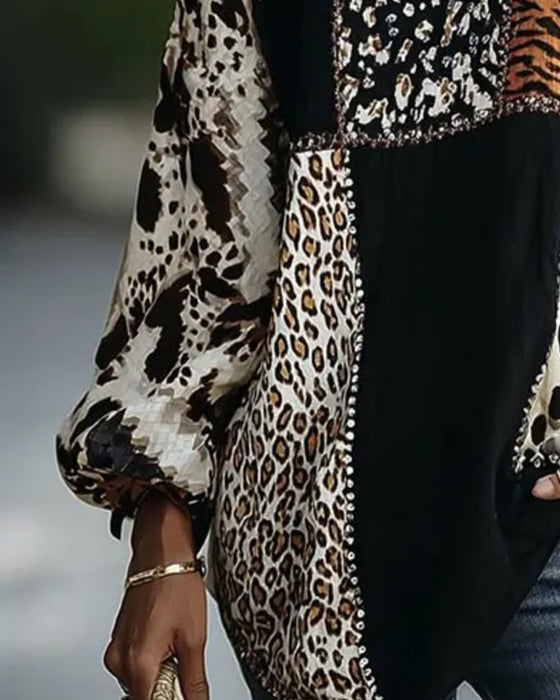 Blouse Ronde Hals Luipaard Tijger Print Contrast