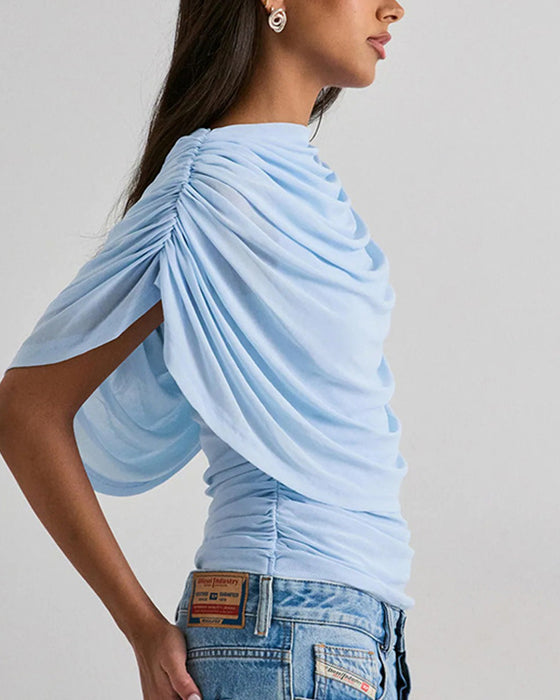 Blouse Mesh Sjaal Hals Gedrapeerd Slim Fit