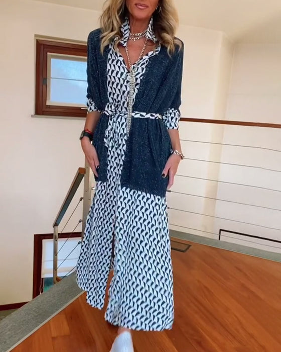 Jurk met revers en split met geometrische print