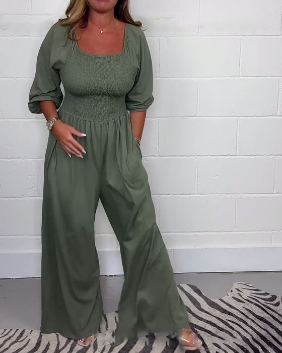 Jumpsuit met vierkante hals en zak in effen kleur