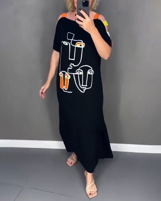 Jurk Koude Schouder Uitholling Print Split