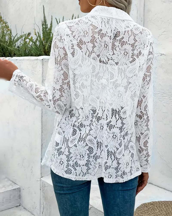 Effen kleur elegante jas met bloemenkant en revers