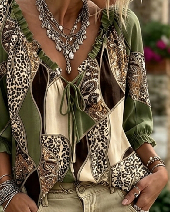 Blouse V-Hals Luipaard Pofmouw Strik