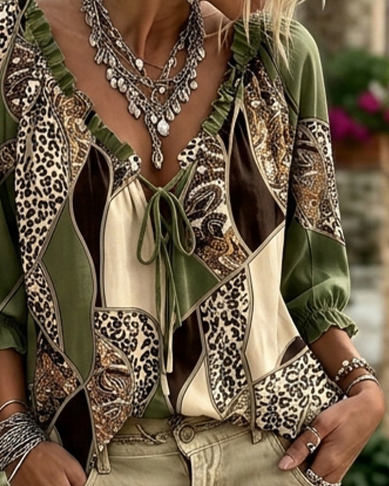 Blouse V-Hals Luipaard Pofmouw Strik